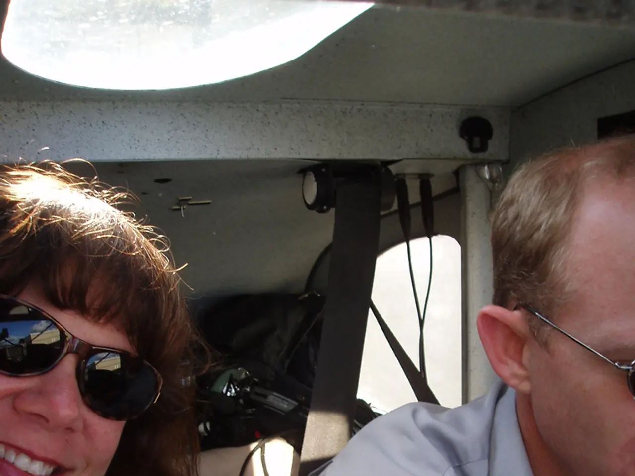 In this image, we can see persons wearing clothes and sun glasses. There is a window on the right...