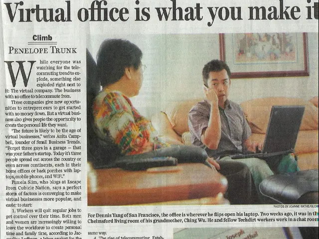 In this image there is a newspaper, there is text printed in the newspaper, there are two personś,...