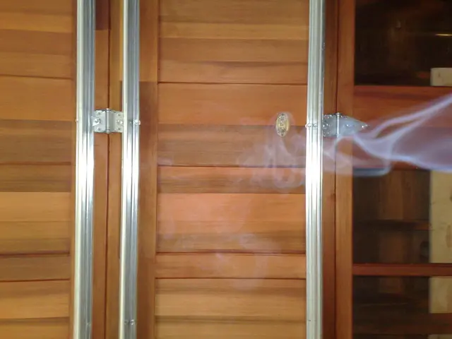 In this image there is a wooden door. On the right side of the image there is smoke.